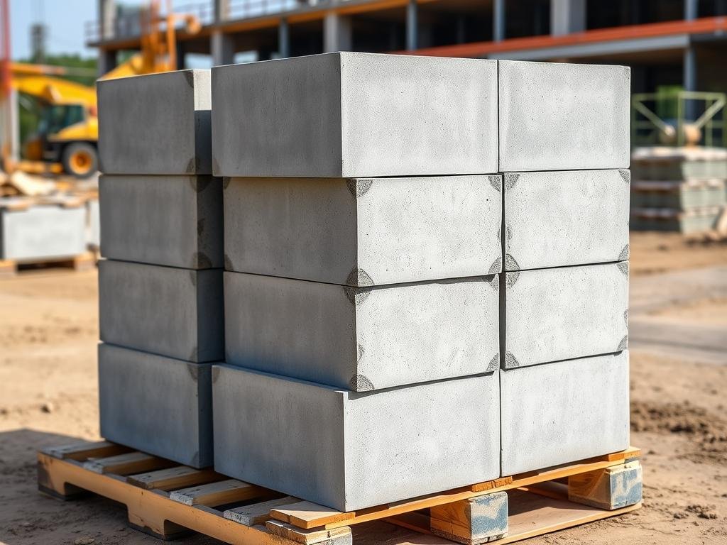 Pustaki betonowe ułożone na palecie na placu budowy