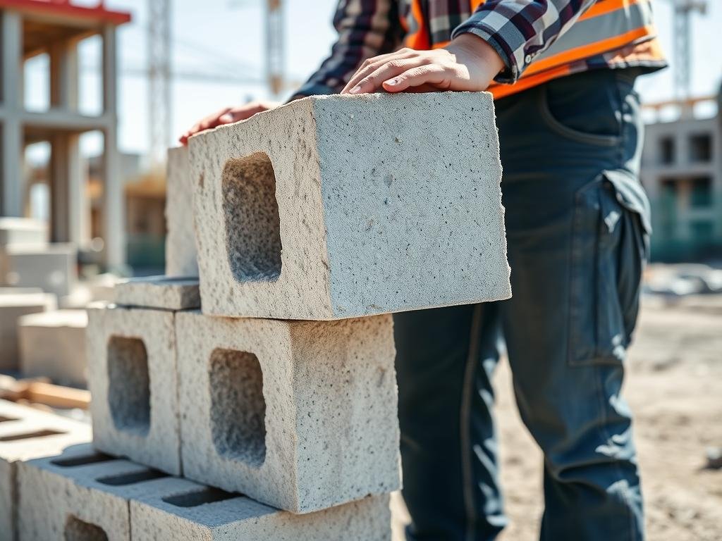 Pustaki z betonu komórkowego na budowie z widoczną strukturą materiału