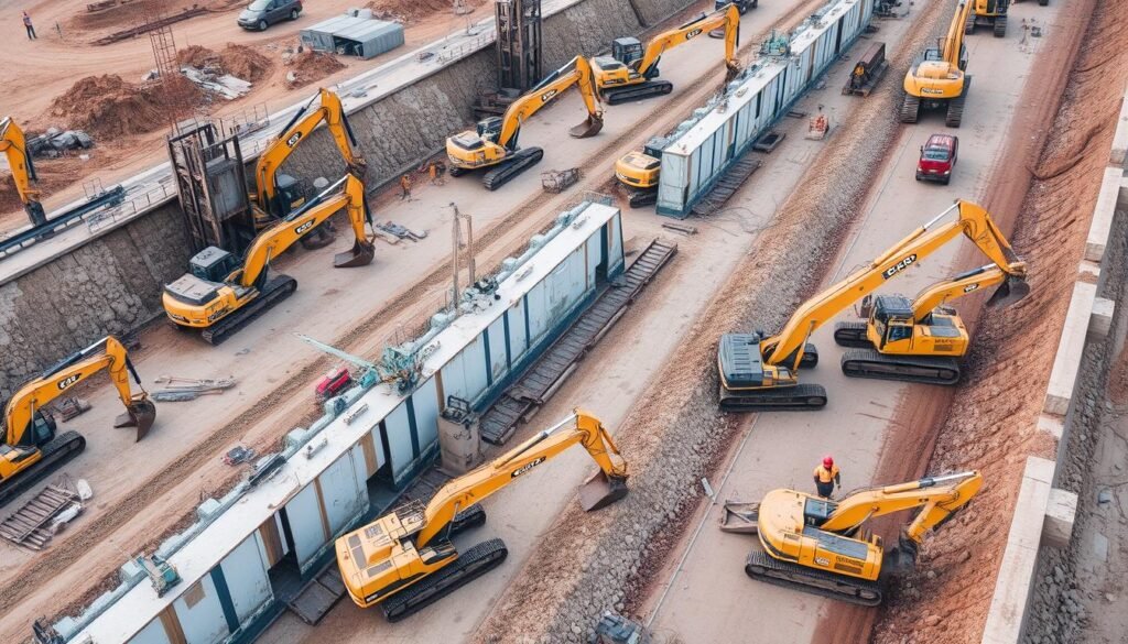 Flota różnych koparek na placu budowy dużego projektu infrastrukturalnego Flota różnych koparek na placu budowy dużego projektu infrastrukturalnego