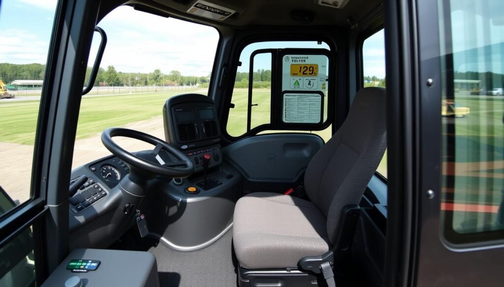 Wnętrze kabiny koparki Volvo EC220E pokazujące ergonomiczne elementy sterowania Wnętrze kabiny koparki Volvo EC220E pokazujące ergonomiczne elementy sterowania