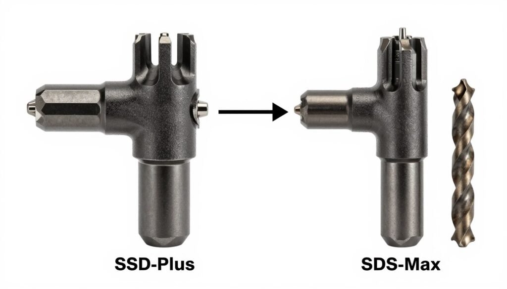 Porównanie uchwytów SDS-Plus i SDS-Max z widocznymi różnicami w rozmiarze i konstrukcji