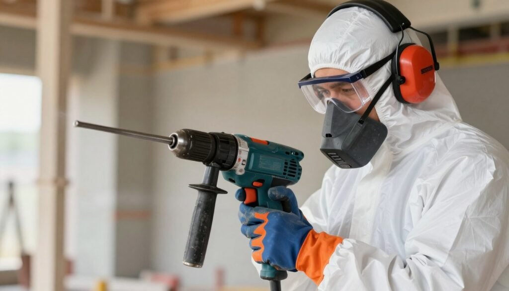 Pracownik w pełnym wyposażeniu ochronnym (okulary, rękawice, maska przeciwpyłowa) podczas pracy z młotowiertarką