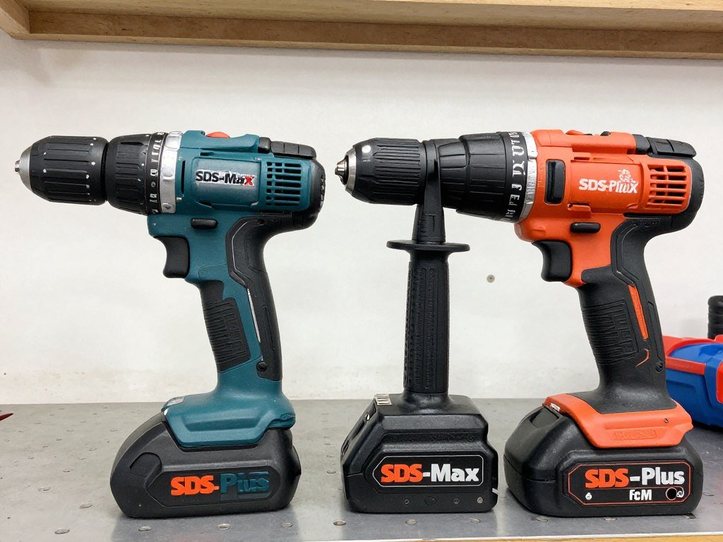 Różne modele młotowiertarek SDS-Plus i SDS-Max ustawione obok siebie, pokazujące różnice w rozmiarze i konstrukcji