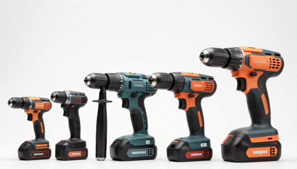 Różne modele młotowiertarek ustawione obok siebie, od kompaktowych po profesjonalne