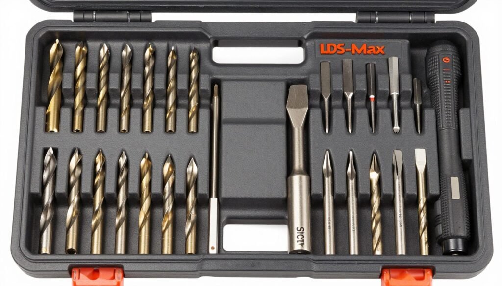 Zestaw wierteł i dłut SDS-Plus oraz SDS-Max ułożonych w walizce